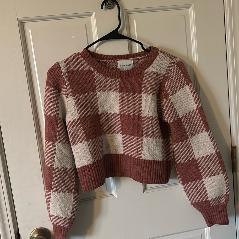 Pink Rose white and pink gingham sweater. Size Medium